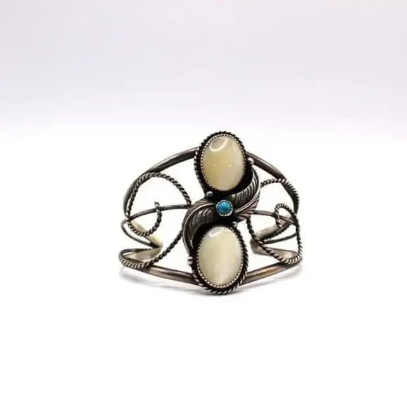 Albert Yazzie Sterling Silver Mother of Pearl with Turquoise Cabochon Cuff Brace - Picture 3 of 8